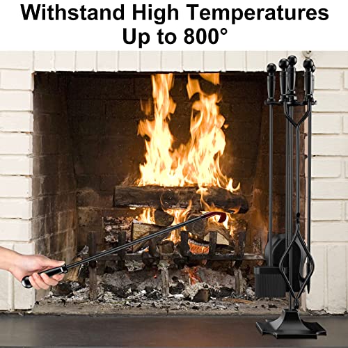 5 Pcs Fireplace Tools Set Wrought Iron Fire Place Accessories Tools Holder With Handles Tools For Indoor Fireplace Decor Outdoor Fire Pit Modern Tool Poker Tongs Shovel Brush Wood Stove Hearth Black #TOP3