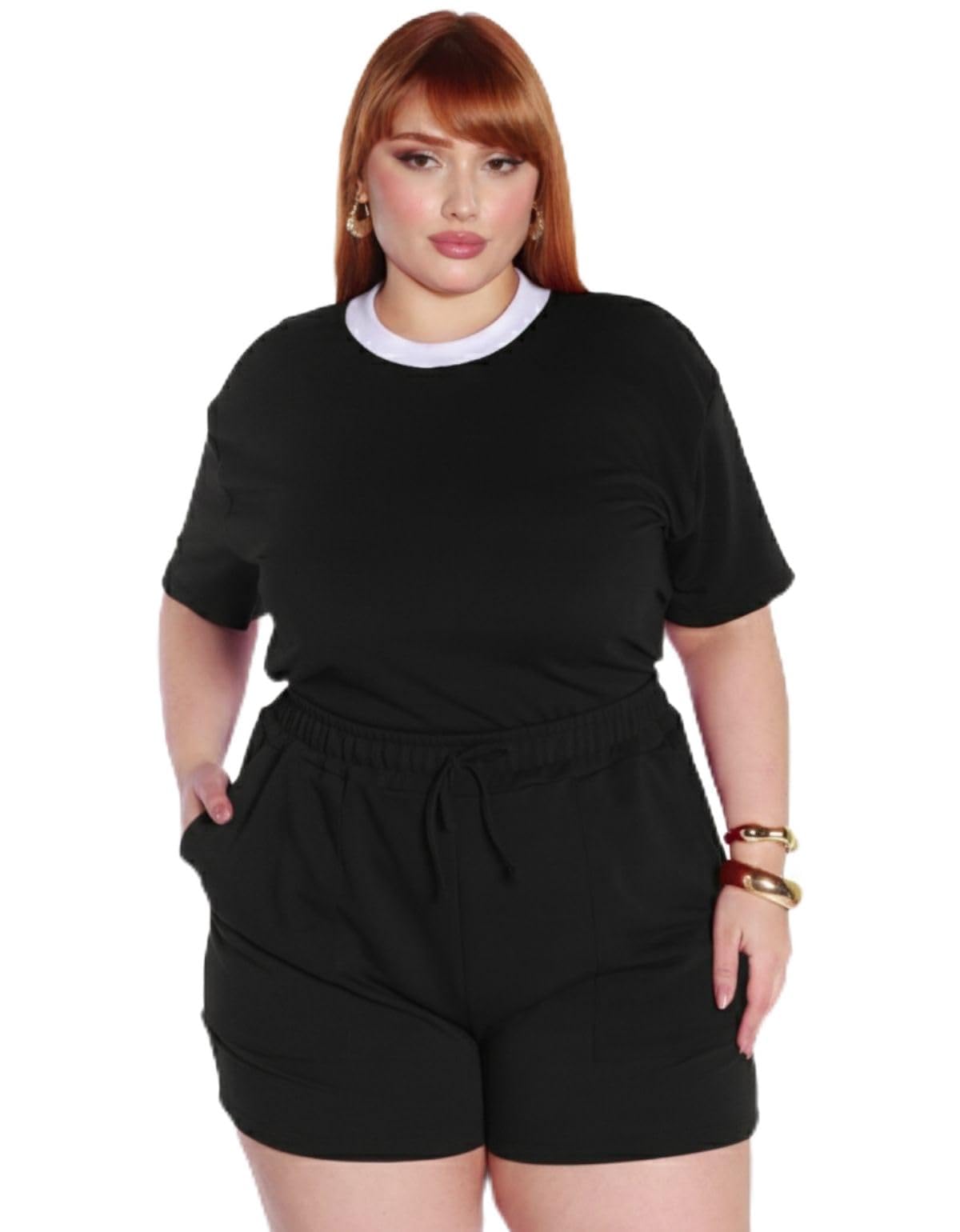 Conjunto Plus Size Feminino Casual, Blusa e Shorts, Preto, Alta Elasticidade, Tamanhos G2-G4