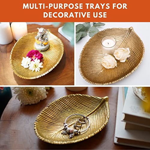 Image of Behoma Metal Leaf Shape 11 & 8 inches Tray | Perfect for Haldi, Mehendi, Reception Entrance Decoration | Special Navratri Tray for Centre Table | Gold (Set of 2) 1 Large & 1 Small (Only Trays)
