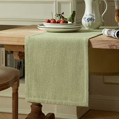Image of ZeeMart Burlap Style Farmhouse Table Runners 36 Inches Long, Sage Green Rustic Woven Dining Table Runner for Everyday Use, 14x36 Inches, Light Sage Green