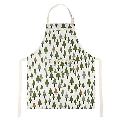 Triangle Tree Pattern Apron,Summer Thin Apron,Cotton Canvas Apron,Kitchen Cooking Baking Garden Chef Apron with Pockets