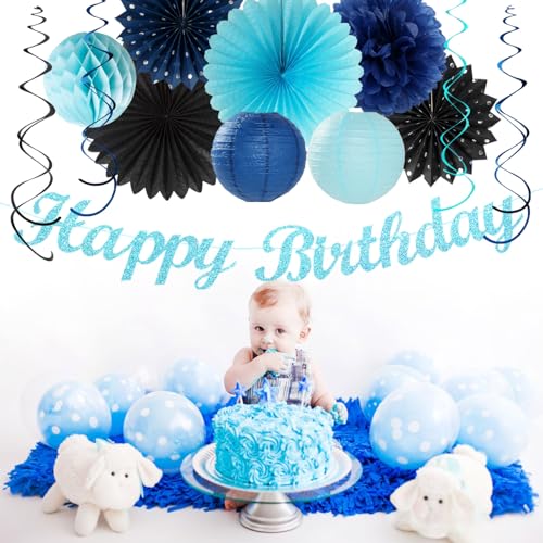 Image of Light-Royal Navy-Blue Black Birthday Party-decorations - 21pcs Boys Men Happy Banner,Paper Streamers Lanterns Honeycomb,Tissue Pom Poms Fan,Adult Supplies Decor 16th 20th 40th 45th 50th 60th Huglony