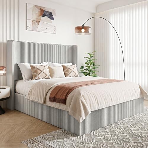 Image of Allewie Full Lift-Up Storage Bed Frame, Corduroy Wingback Headboard, Grey