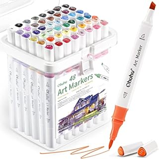 Ohuhu Markers, 48-color Marker Set for Architectural Design, Double Tipped Alcohol Markers, Chisel & Brush Alcohol-based Art Marker for Artists, Architects, Great Value Pack for Students' Art Class