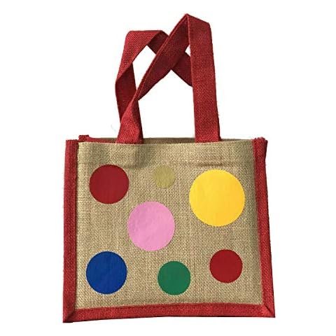 Small Jute Burlap Lunch Bag Printed Polka dot red Pink Maroon Green Colour Handle and Sides (Red Handle & Sides) Cover