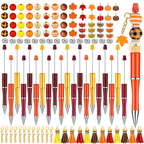 Vellibring 20 Set Thanksgiving Crafting Pens Fall Beadable Pens Bulk Ballpoint DIY Pen Making Kit with Wooden Beads Pendants Lobster Clasps for Thanksgiving Students Teens School Office Supplies