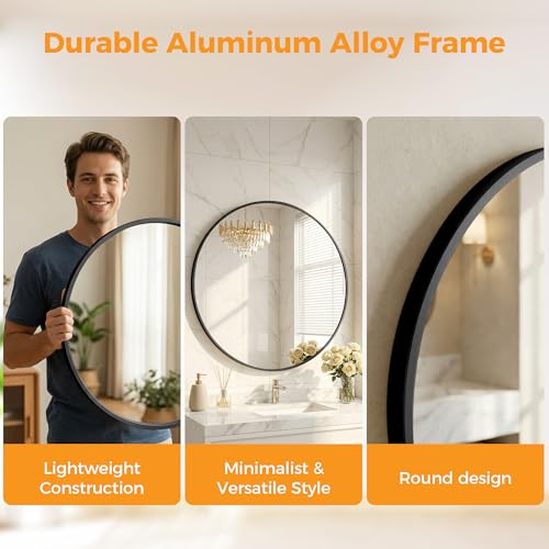 Image of Sweetcrispy Round Bathroom Mirror for Over Sink, 24 Inch Wall Mounted Vanity Mirror with Matte Metal Frame, Decor for Bathroom, Entryway, Bedroom, Black