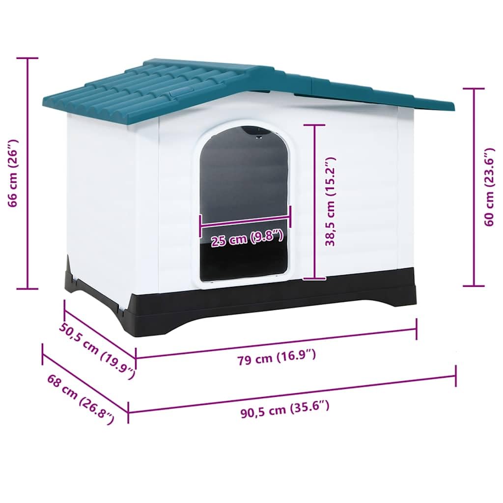 Hundehütte aus Polypropylen für den Außenbereich, Robustes Haustierhaus mit Spitzdach und Belüftung, geräumige Hundehütte für mittelgroße Hunde, Blau/Weiß/Schwarz, 90,5 x 68 x 66 cm