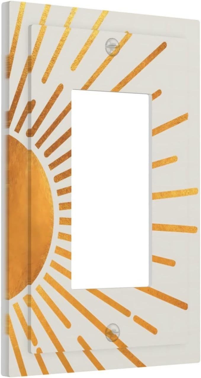 Mid Century Boho Sun Light Switch Cover Decorative Abstract Gold Sunrise Wall Plate 1 Gang Single Rocker Electrical Outlets Switchcover Faceplate for Kitchen Bathroom Bedroom 5" x 3"