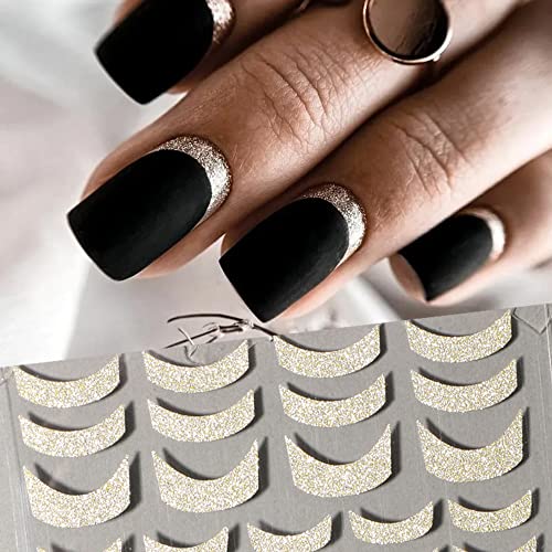 Glitter French Nail Stickers,Sparkly Glitter Gold French Nail Decals 3D Curve Stripe Line Nail Art Stickers Swirl Lines Self-Adhesive Nails Stickers Women Nail Decoration Nail Supplies,6 Sheets/Set #TOP4
