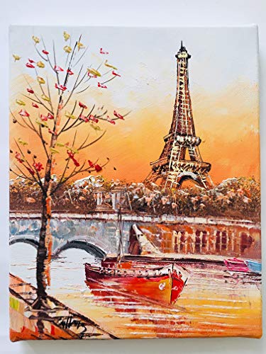 VAIANA -Tableau Peinture sur Toile Paris Tour Eiffel- Peint à la Main et à l'huile- Motif Paris Tour Eiffel et Bateau sur la Seine avec Fond Orange- Taille Moyenne 20CM*25CM- Chassis de Bois Rigide