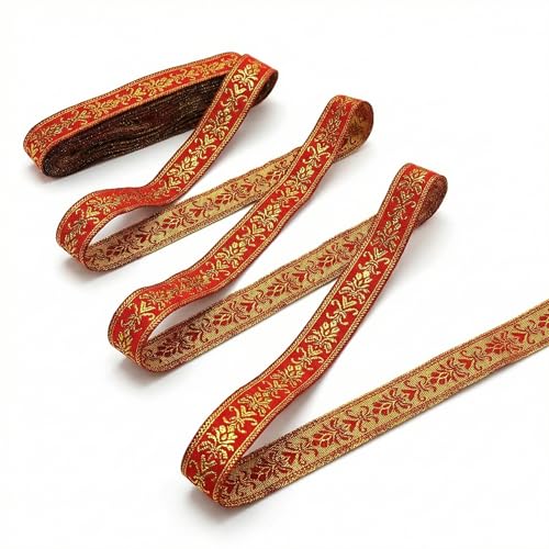 7.7Yard Red Floral Boho Jacquard Ribbon 20mm Vintage Embroidered Ribbon Trim Red and Gold Ribbon for Sewing Gifts Wrapping Home Decor and Costume Embellishment