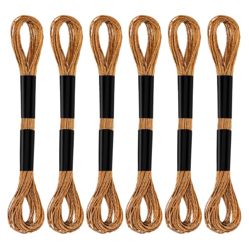 Image of Gosknor 6 Skeins Embroidery Threads, Metallic Embroidery Floss | Polyester Friendship Bracelet Cross Stitch Thread Embroidery Floss for Sewing Making Yarn Craft String Art Supplies (Bronze)