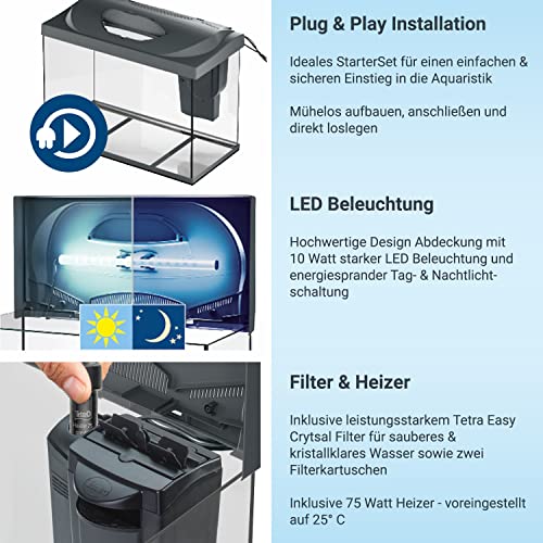 Tetra Starter Line 80 L Aquarium Komplett-Set - inkl. Tag- & Nachtlicht LED-Beleuchtung, Innenfilter, Heizer, Fischfutter und Wasseraufbereiter