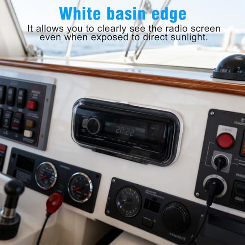 Image of Herdio Water-Resistant Marine Stereo Cover - Smoke-Tinted Heavy-Duty Boat Radio Protector with Flip-Up Door, Spring-Activated Release, and Included Mounting Gasket（White）