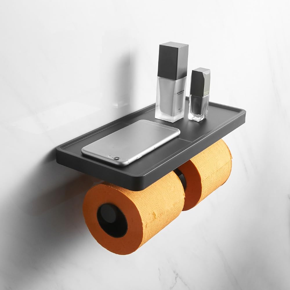 Portarotolo Doppio for Carta igienica, portarotolo da Parete for Bagno, Dispenser di Carta igienica Commerciale con ripiano for Telefono(Black And White)