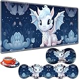 ZHUHEHEAH 大型ゲーミングテーブルパッド 31.5インチ x 11.8インチ + キーボードリストパッド + マウスリストパッド + コースター ノンスリップベース 4イン1セット、人間工学に基づいたメモリーフォーム、タイピングの痛みの緩和、かわいいリトルホワイトドラゴン