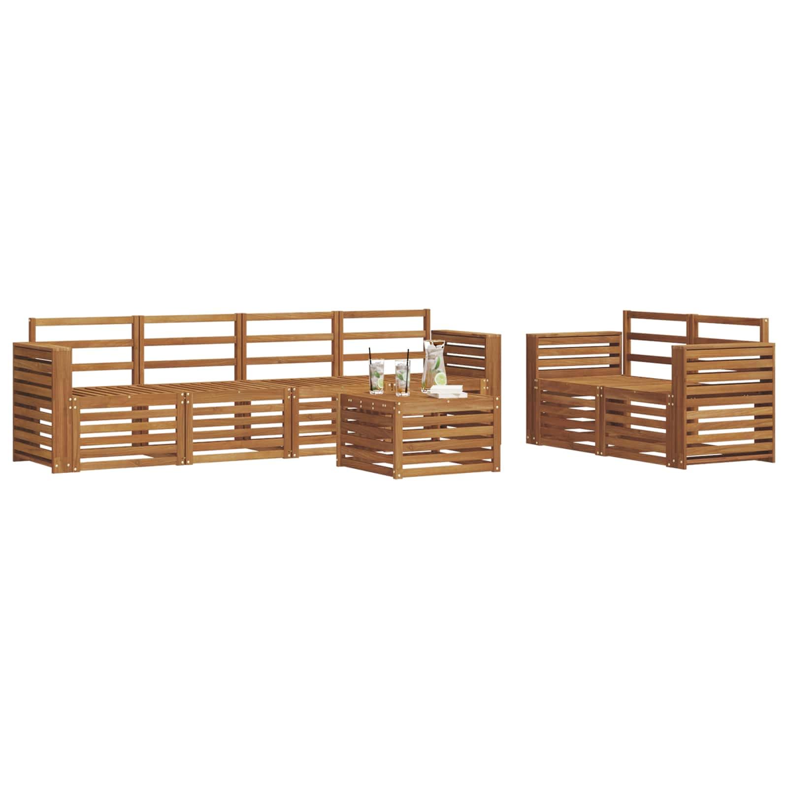 Massivholz Akazie Gartenmöbelgarnitur Set mit Tisch und 6 Sofas wetterfestes Outdoor-Möbelset für Terrasse Balkon und Garten, langlebige Essgruppe mit modernem Design und einfacher Pflege