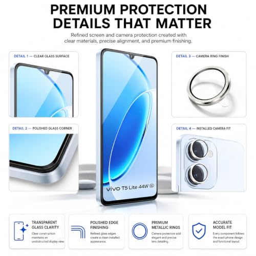 Image of FIRST MART Tempered Glass for Vivo T5 Lite 5G with Silver Camera Ring Guard & Installation Kit | HD Clear Edge-to-Edge Screen Protector, Scratch Resistant, Case-Friendly | Pack of 1