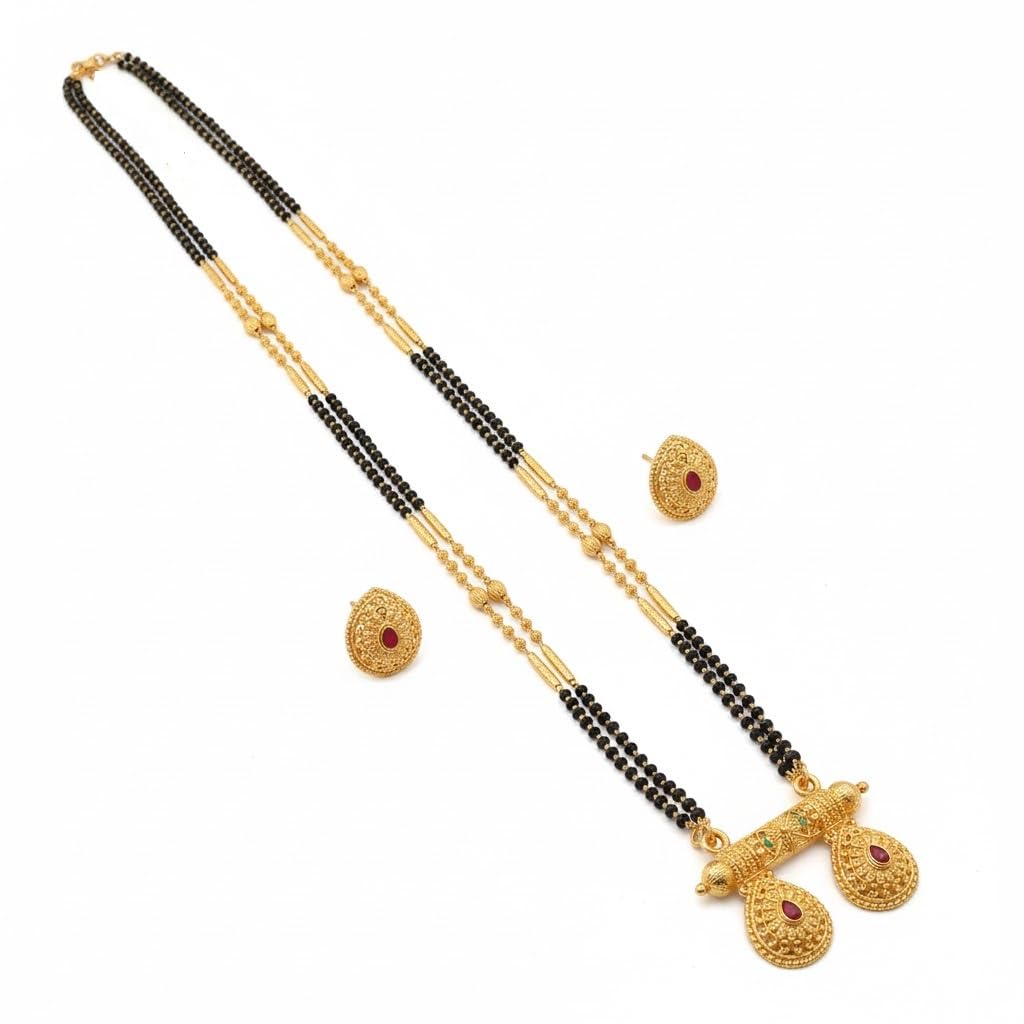 Traditional 32 Inch Gold Plated Double Strand Mangalsutra with Ruby Stone Vati Pendant & Matching Earrings | Elegant Black Beads Bridal Jewelry Set | MicroPolish Finish-image-44