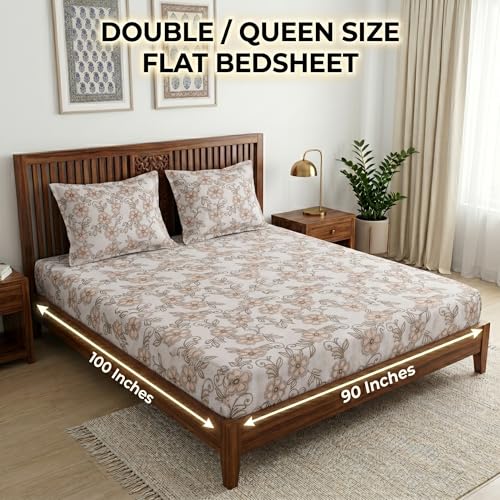 Image of Mafatlal 186 TC Grace Pure Cotton Double Size Bedsheet | 90 x 100 Inch | Soft Breathable Cotton Bed Sheet Set with 2 Pillow Covers | Honey Gold