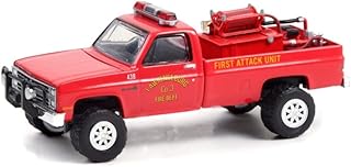 Lawrenceburg Fire Department (Indiana) 1986 Chevy C20 Custom Deluxe Pickup Truck First Attack Unit with Fire Equipment, Hose and Tank, Red - Greenlight 67010A/48 - 1/64 Scale Diecast Model Toy Car