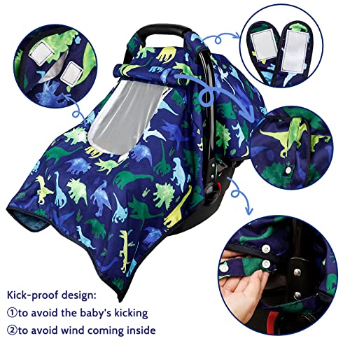 Image of Carseat Cover Boy, Winter Baby Carseat Seat Cover, Carseat Canopy Cozy & Warm Cover with Peep Windows, Blue Dinosaur Stuff