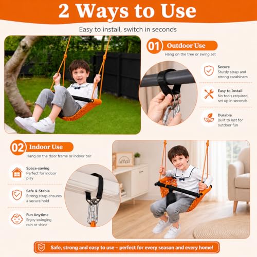Kids Swing Seats Indoor Hand-Made Net Swing with Adjustable Rope Tree Swings for Kid Child Backyard Playground Swings Outside Indoor (Orange) by Hi-Na - Image 5