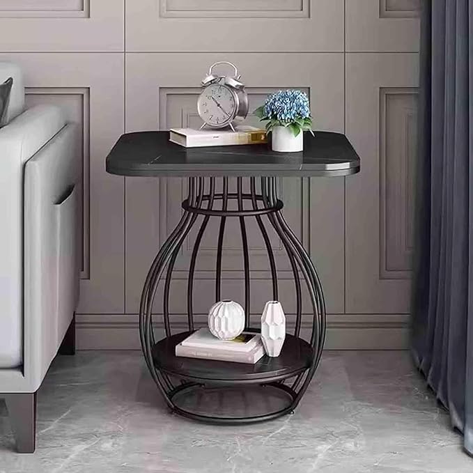 Image of Modern Side Table Corners Living Room Square Table Double Tier Sofa Side Table,Round Base Coffee Table,Portable Bedroom Nightstands Small Space (Black)