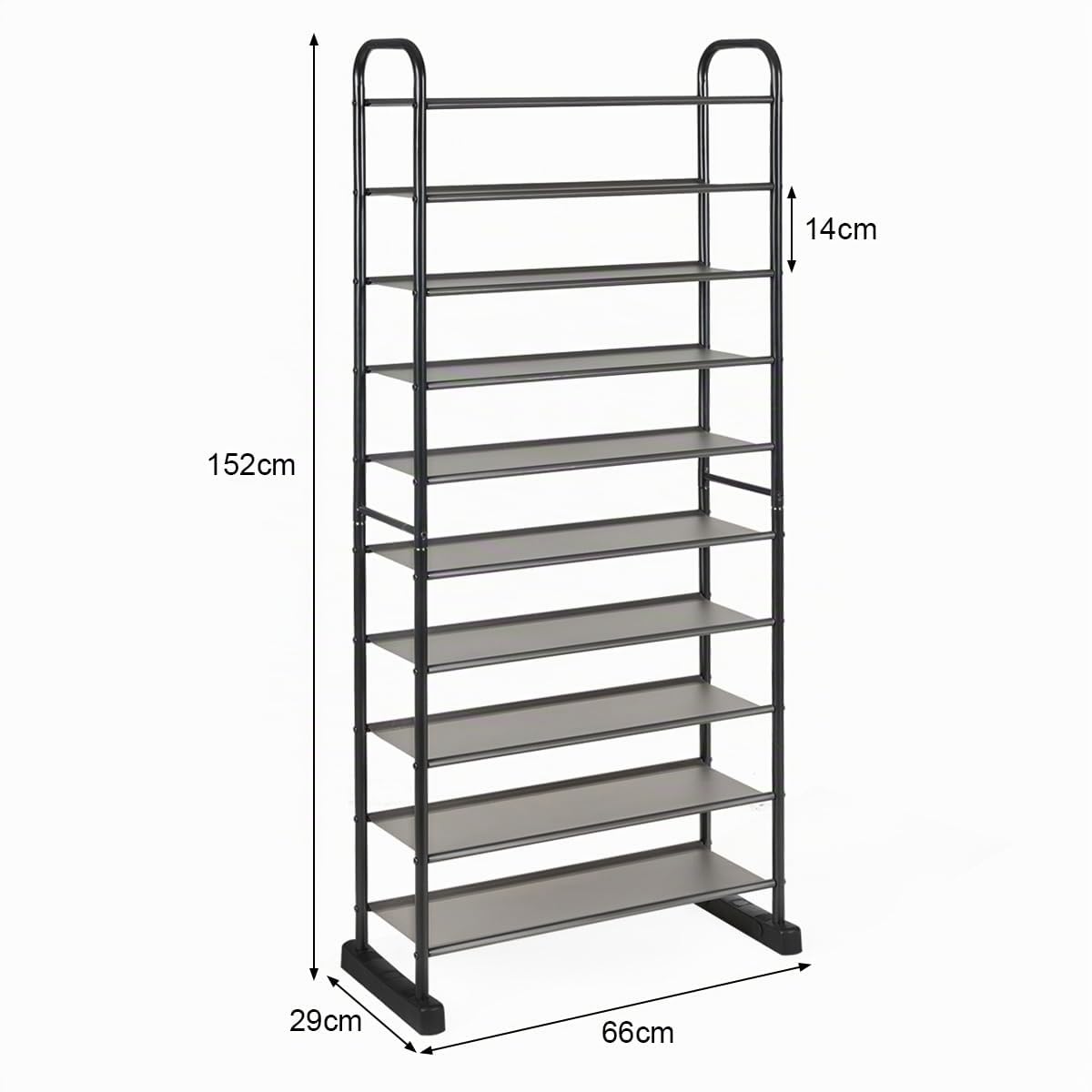HOMASIS Scarpiera a 10 Ripiani, Scarpiera Salvaspazio, Scaffale Portascarpe in Metallo, Fino a 30 Paia di Scarpe, da Soggiorno, Ingresso, Corridoio, 66 x 29 x 152 cm, Nero