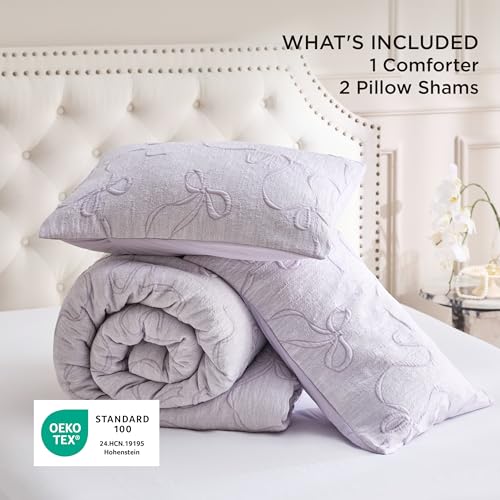 Image of Bedsure Lavender Comforter Set Queen, GentleSoft 3 Pieces Breathable Bow Comforter Set Women Girls with 2 Pillow Shams, Cute Queen Bedding Sets Room Decor Aesthetic Bedroom Decor, 90x90 Inches