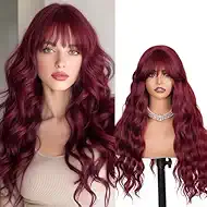 Long Wavy Burgundy Wig With Bangs Heat Resistant Synthetic Wigs For Women 26 Inch Free Soft Body Wave Red Wig With Natural Appearance Suitable For Beginners Festival Holiday Use