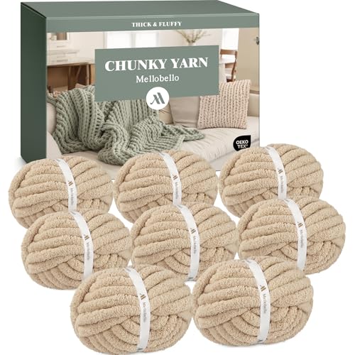 Mellobello Jumbo Chunky Yarn for Hand Knitting - Super Thick Chenille Chunky Yarn for Crocheting - Extra Soft Bulky Fluffy Blanket Big Yarn 8 Jumbo Pack (27yds 8 oz Each Skein) Khaki