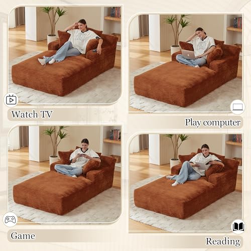 Image of 80 Inch Chaise Lounge Chair Indoor, Oversized Corduroy Upholstered Boneless Sofa Bed, Deep Seat Sleeper Couch Reading Chairs, Cloud Sofas Couches for Living Room, No Assembly Required (Brown)