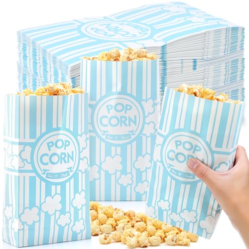 Image of 200 Pcs Paper Popcorn Bags Bulk 2 oz Large Flat Bottom Boxes Red and White Disposable Container Sleeve Movie Night Popcorn Bucket for Retro Movie Themed Party Carnival Supplies (Light Blue and White)