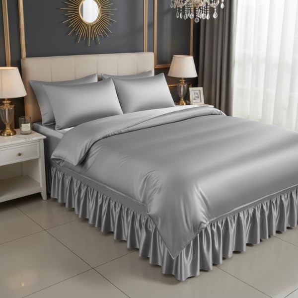 Luxury 4 PCS Satin Valance Sheet Set with Duvet Cover & 2 Matching Pillowcases | Smooth Satin Bed Skirt Fitted Sheet | Hotel Style Bedding Set | Single Double King Super King (SILVER, SINGLE)