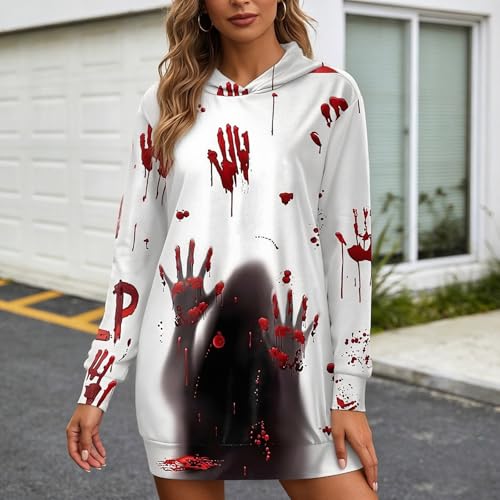 Vestido de Halloween cómodo manga larga con capucha y funcionales bolsillos 3