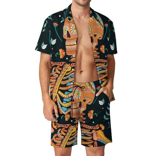 Ensemble 2 Pièces Fleur Squelette Chemise Hawaïenne Légère et Short de Plage