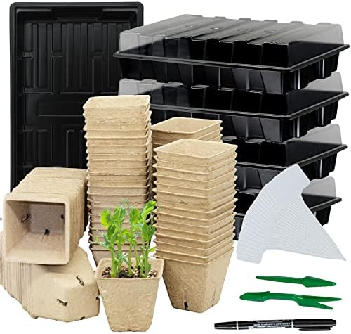 Seed Starter Kit with 100 Peat Pots for Seedlings Seed Starter Tray, Including 100 Square Biodegradable Seed Starter Pods, 5 Plastic Growing Trays & 20 Plant Labels