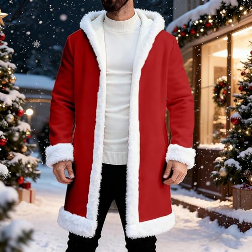 Christmas Cardigan Santa Jacket Coat for Men Women Sherpa Lined Hoodies | Unisex Open Front Warm Long Sleeve Fleece Outerwear Adult Suit Outfit Party for Xmas Holiday Winter #01 Red Small - image 3