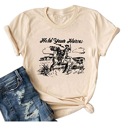 Hold Your Horses T Shirt Women Funny Rodeo Graphic Tees Vintage Cowboy Vacation Short Sleeve Shirts Tops