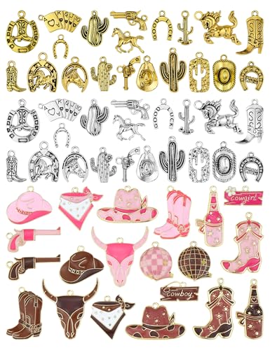 YETOOME 60pcs Western Cowboy & Cowgirl Charms for Jewelry Making Antique Silver Gold Enamel Pendants Hat Boot Horse Cactus Trinkets for Bracelet Necklace Earrings Keychain(4 colors)