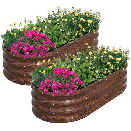 SnugNiture Galvanized Raised Garden Bed Outdoor, 2 Pcs 4x2x1ft Oval Metal Planter Box for Planting Plants Vegetables, Brown Brown 4x2x1ft (2PCS)