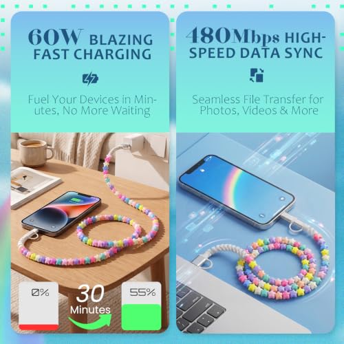 Image of 4-in-1 Beaded Charging Cable, MFi Certified, Works with CarPlay, 3.3FT 60W Fast Charger Cord for iPhone 17 /16 /15 /14 /13 /12 /11, iPad, Samsung, Android and More (Pastel Stars)