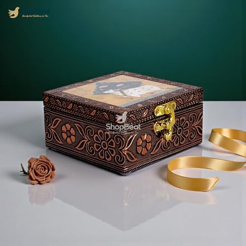 Image of Handcrafted Wooden Jewellery Storage Box with Lock (4 x 4 in) | Copper finish Oxidized Pichwai Cow Design | Decorative Organizer for Earrings Rings Bangles | Wedding Festive Gifting | Yellow