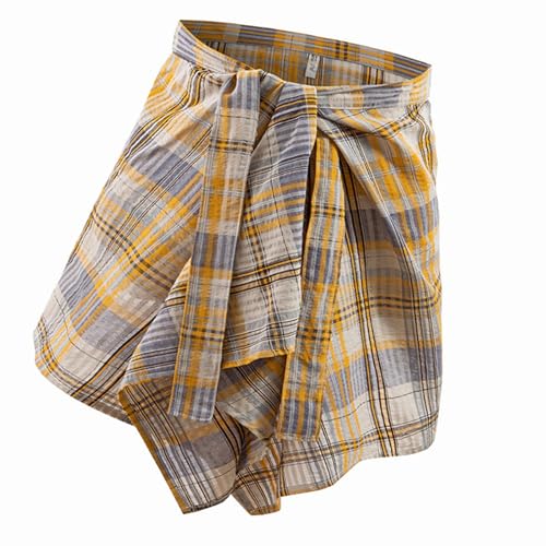 Vintage Checkered Graffitis A Line Short Wrap Skirt for Women Layering Hip Covering Scarf Tie Up Asymmetrical Apron Skir Yellow Plaid