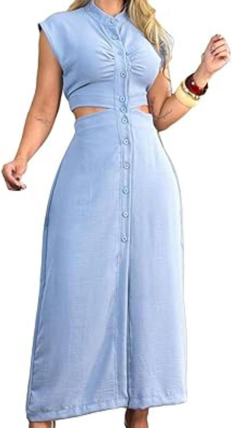 Women's Round Neck Button Dress, Short-Sleeved Ruffled Slit Dress with Cutout Design at the Waist and Sides;