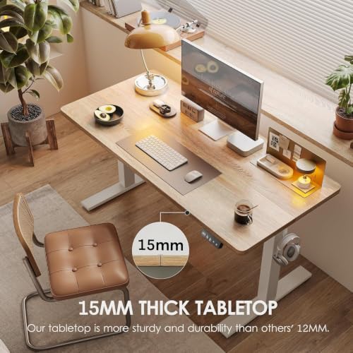 Image of TIQLAB Electric Standing Desk with Cable Tray, 55'' x 24'', Maple