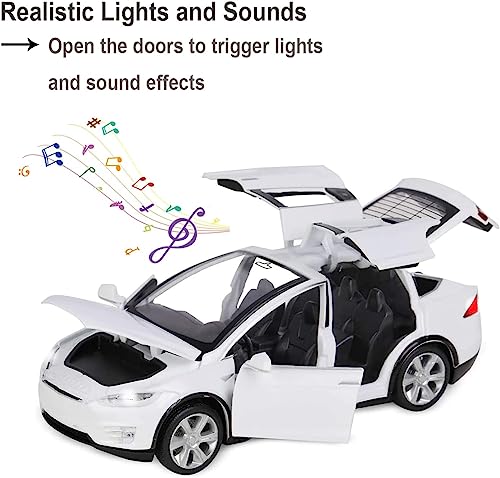Image of 1:32 Tesla Model X Toy Car with Pull-Back Action Lights, Sound and openable Doors.Durable diecast Model for Kids Aged 3-12 offering Hours of Fun and Realistic Play (White)