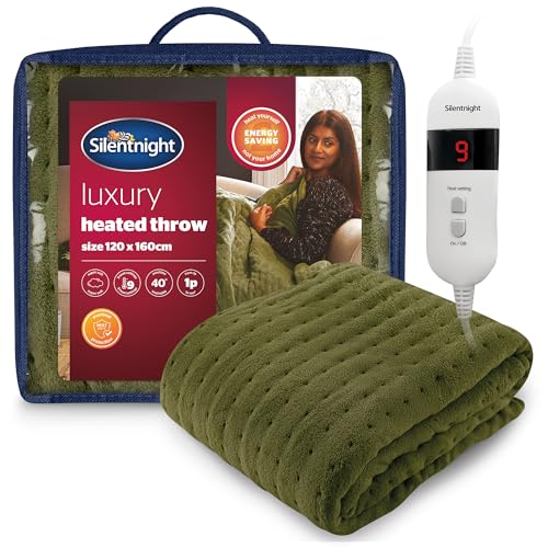 Silentnight Comfort Control Heated Throw Blanket - Luxury Fleece Electric Heated Blanket for Sofa Bed with 9 Heat Settings, Fast Heat-up and Safety Shut Off - Machine Washable - 120x160cm, Olive Green